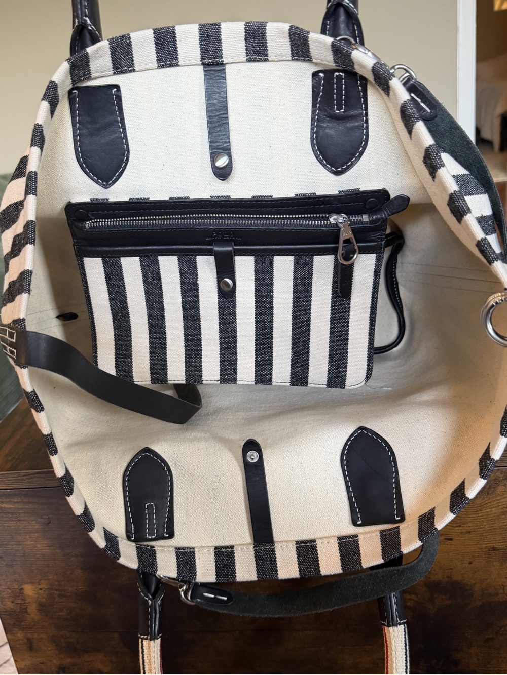 Polo by Ralph Lauren Black & White Striped Canvas Tote with Leather Trim - Picture 3 of 5